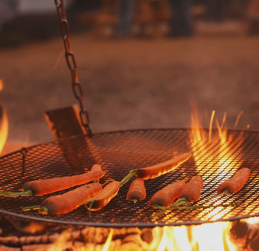 Food grilling over fire