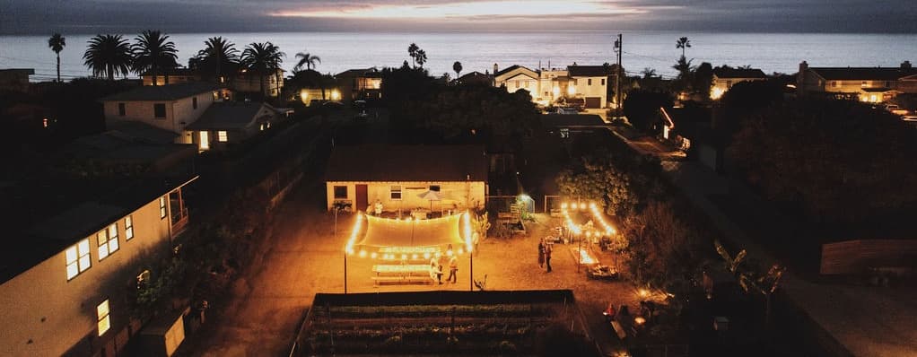 Farm event space with string lights