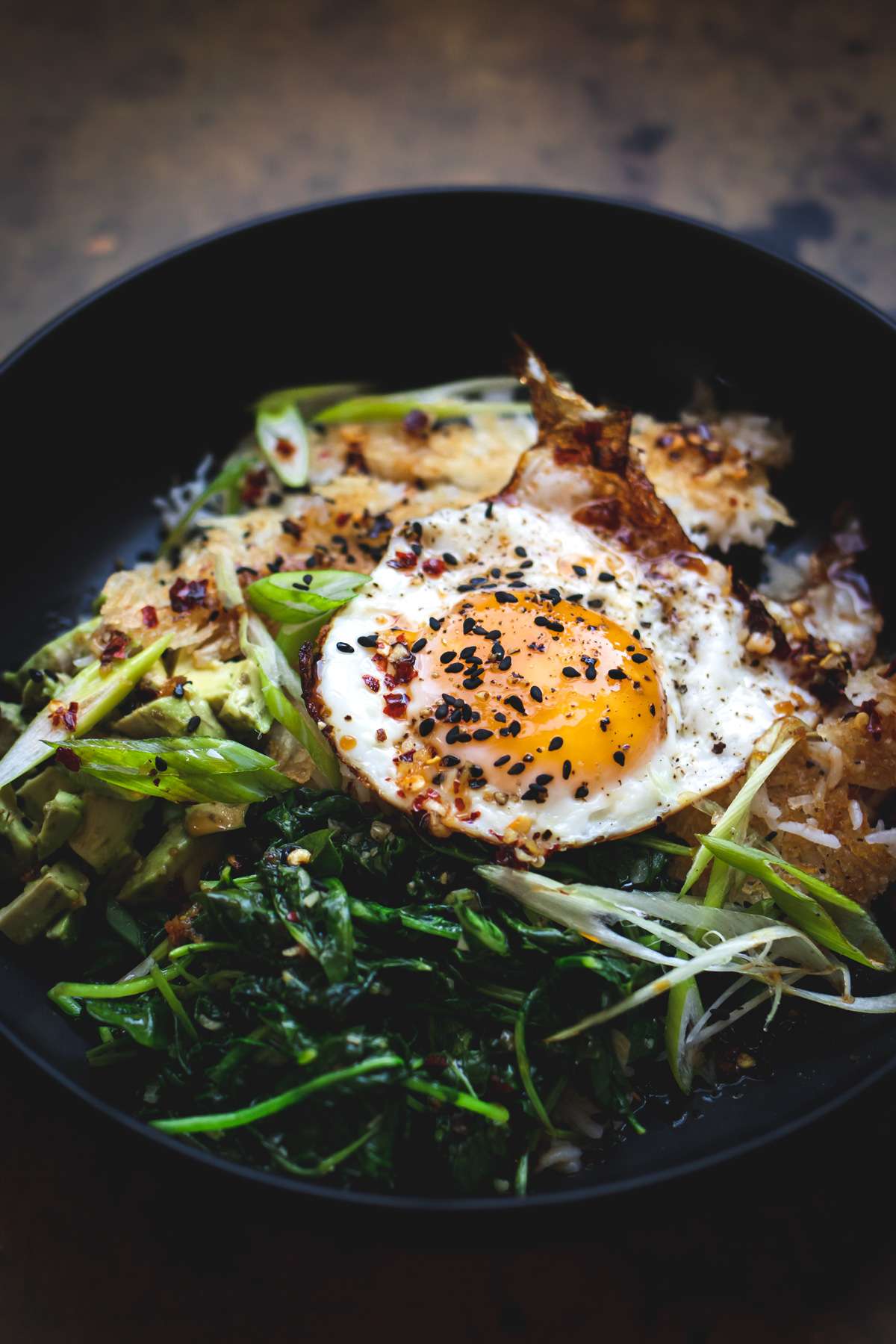 Crispy Rice Bowl with Fried Eggs and Avocado