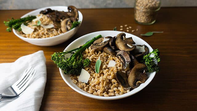 Farro and Roasted Broccolini Bowl with Mushrooms and Sage
